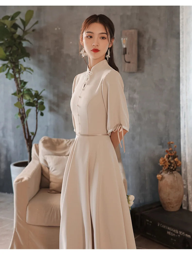 Slim A-line Mandarin Collar Qipao Female Chinese Styles Bridesmaid Dress Appliques Flower Pearl Cheongsam Party Prom Gown