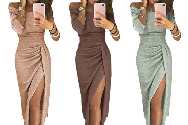 2023 New Women's Off Shoulder Long Sleeve Bodycon Evening Party Long Dress Asymmetrical Split Pencil Dresses S M L XL XXL - Seprincess