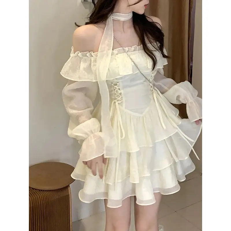 Long Sleeve Elegant Mini Dress Lolita Pure Color Short Party Dress Woman Casual 2023 Spring Sweet One Piece Dress Korean Fashion - Seprincess