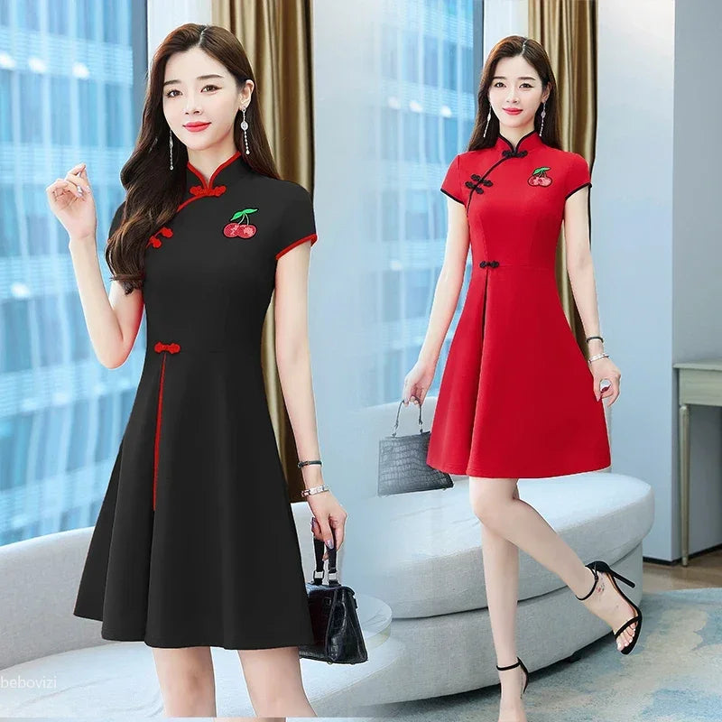 Chinese Style Summer Improved Cheongsam Slim Midi Short Sleeve Modern Qipao Dress Women Clothing CNY - Seprincess