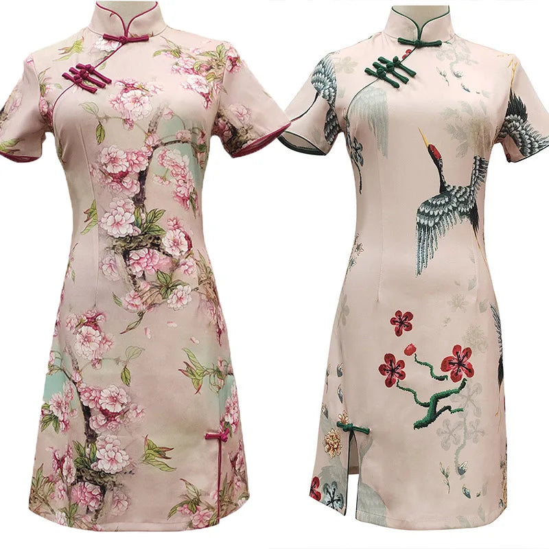 Traditional Chinese Dress Vintage Cheongsam Sexy Short Qipao Print Flower Women Rayon Dresses Classical Vintage Button Vestidos - Seprincess