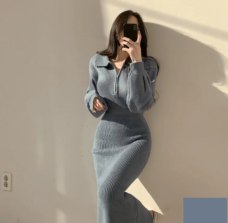 Vintage Long Sleeve V-neck Knitted Sweater Midi Dresses for Women Zipper Lapel Elegant Warm Bodycon Dresses Autumn Winter 2024 - Seprincess