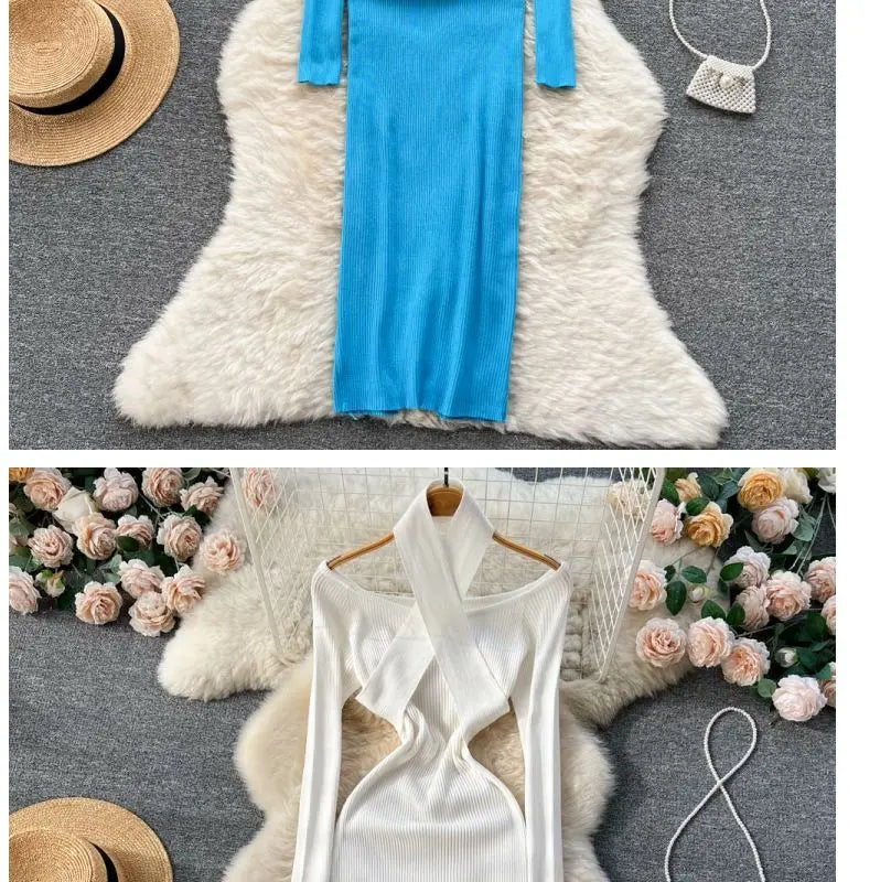 Autumn Winter Women Long Dress Elegant Halter Slim Waist Knitted Bodycon Dress Korean Office Lady Sweater Dresses Vestidos - Seprincess