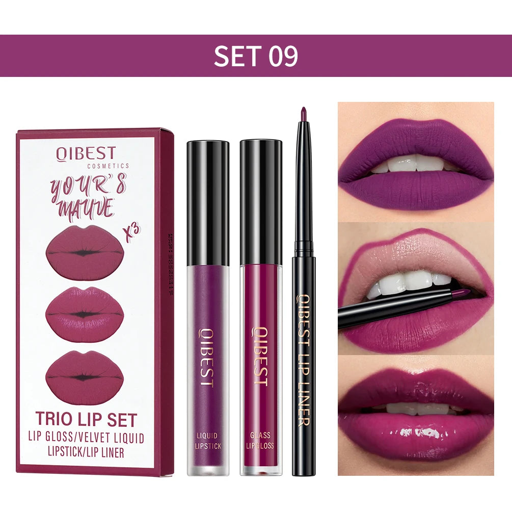 New 3pcs/set Liquid Lipstick+Lip Liner Long Lasting Cosmetic Black Brown Purple Red Matte Lip Gloss Nude Lip Tint Stain Makeup