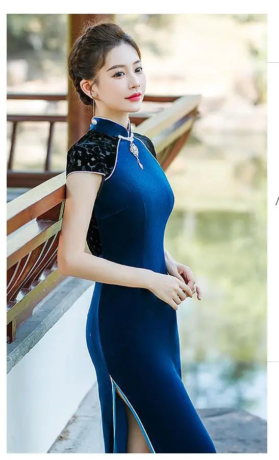 Elegant Lady Evening Party Dress Prom Gown Sexy Female Velour Cheongsams Chinese Mandarin Collar Qipao Side Split Oversized 5XL - Seprincess