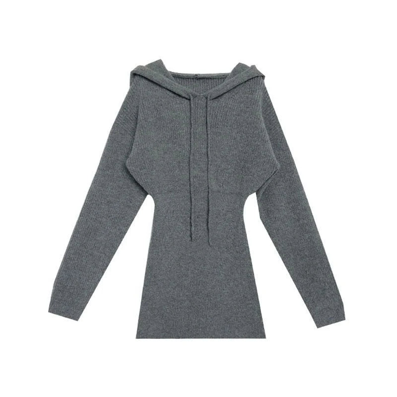 MEXZT Streetwear Knitted Mini Dress Women Hooded Sweater A Line Dresses Winter Korean Solid High Waist Slim Casual Vestidos New - Seprincess