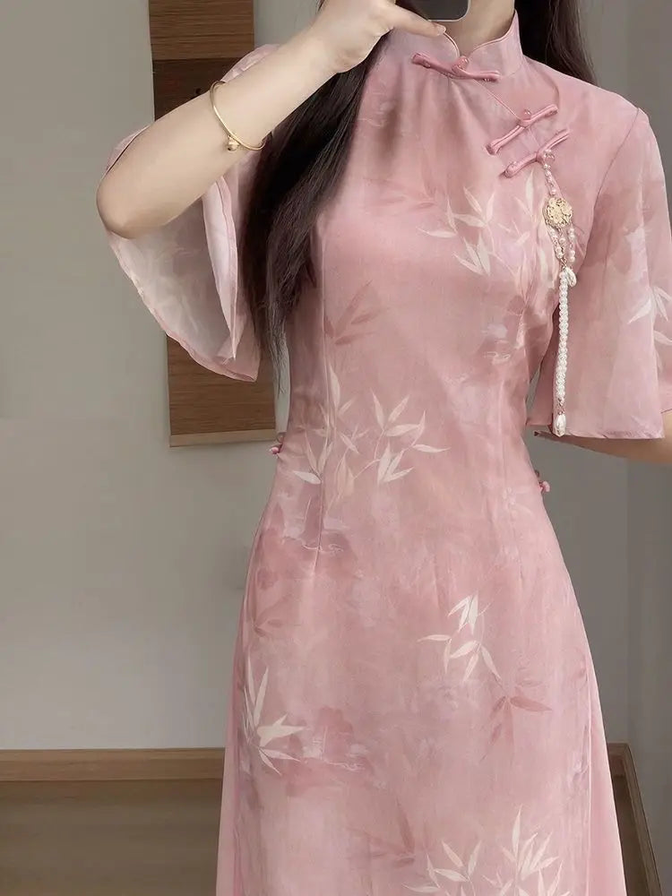 New Chinese Style Pink Qipao Dress 2024 Vintage Cheongsam Young Oriental Lady Evening Dress Summer Daily Vestido - Seprincess