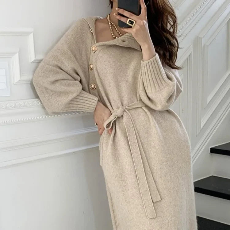 Women Dress Full Sleeve Button Irregular Long Dresses Turtleneck Party Slim Fit Lace Up Tight High Waist Elegant Vestidos - Seprincess