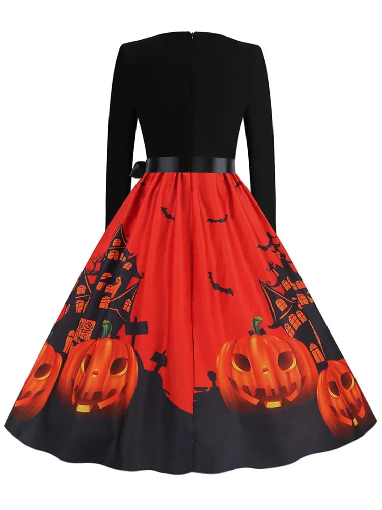 Halloween Dress For Women Square Collar Long Sleeve Print Vintage Evening Party Elegant 50s 60s Robe Midi Sundress - Seprincess