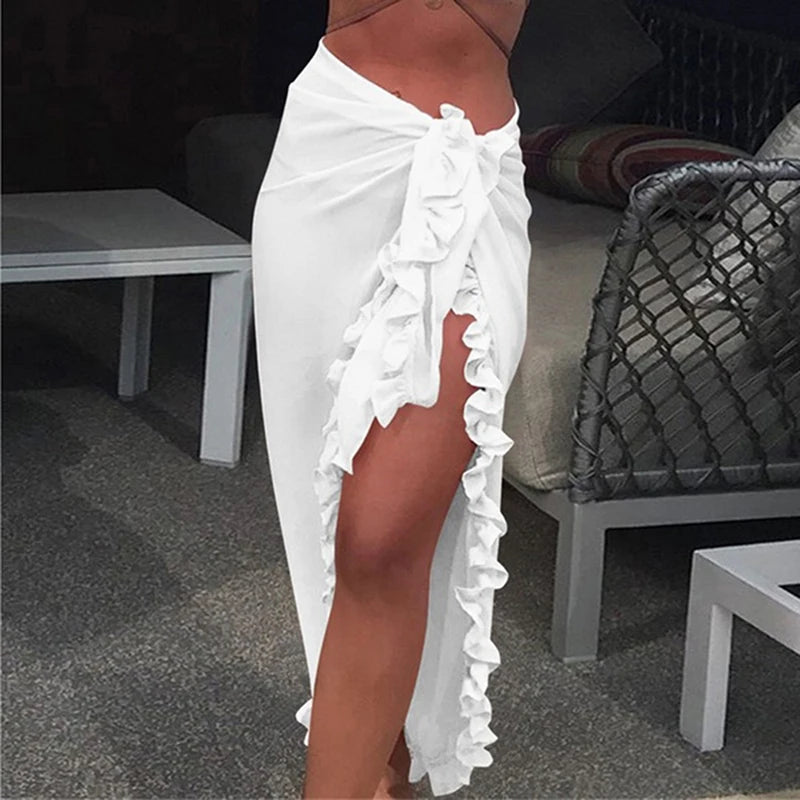 Women Chiffon See-Through Beach Bikini Cover Up Wrap Scarf Swimwear Pareo Sarong Dress Solid Ruffle Casual Beach Dress - Seprincess