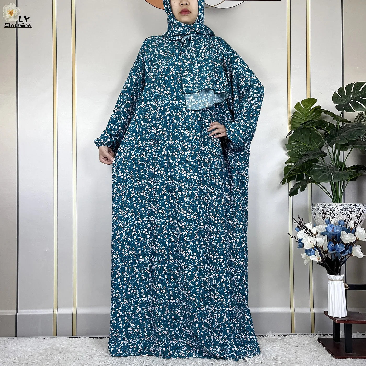 2024Latest Muslim Abayas For Women Ramadan Prayer Maxi Dubai Turkey Femme Cotton Robe Floral Loose African Dress Turban Attached