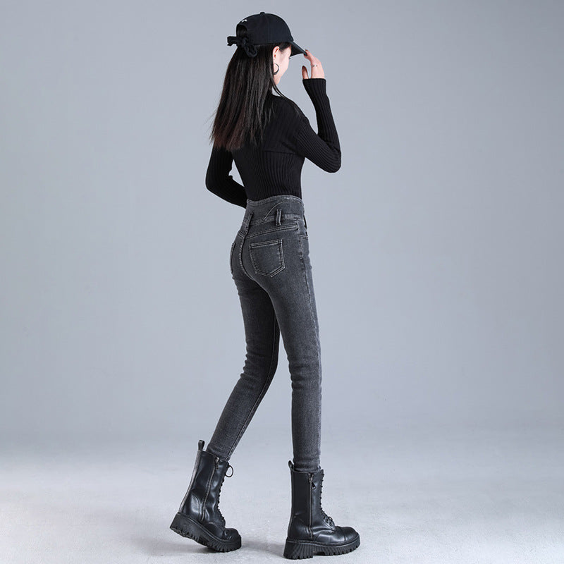 Women Thermal High Waist Jeans Winter Snow Warm Plush Stretch Jeans Lady Skinny Thicken Students Denim Pants Fleece Fur Trousers