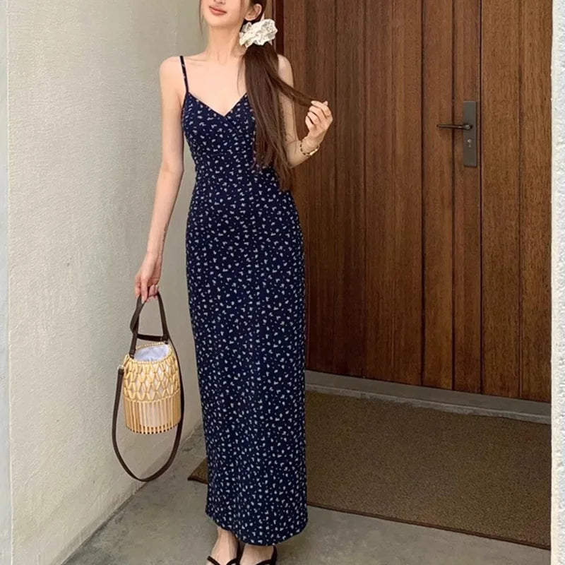 Summer Sweet Women Daily Streetwear Waist Dresses Lady Blue Suspender Floral Dress Female Vogue Off Shoulder Casual Long Dress - Seprincess