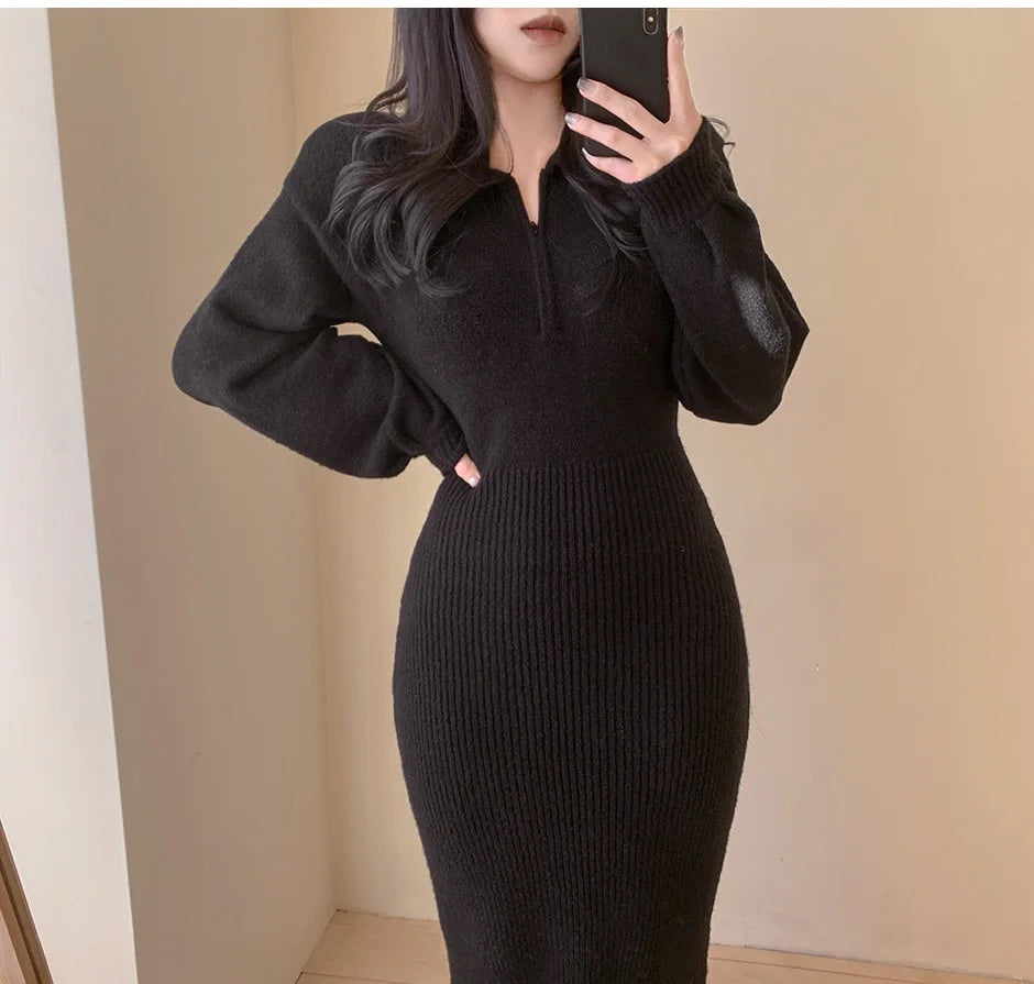 Vintage Long Sleeve V-neck Knitted Sweater Midi Dresses for Women Zipper Lapel Elegant Warm Bodycon Dresses Autumn Winter 2024 - Seprincess