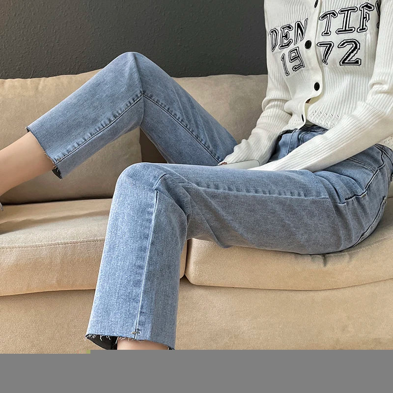 Rarely Hem Pants Spring High Waist Elastic Straight Barrel Jeans Women's Small Smoke Pipe