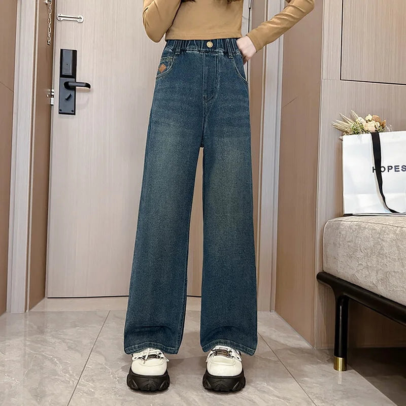 Teenage Jeans for Girls 2024 Spring Summer Casual All-match Loose Kids Leg Wide Pants School Children Trousers 4-16 Years