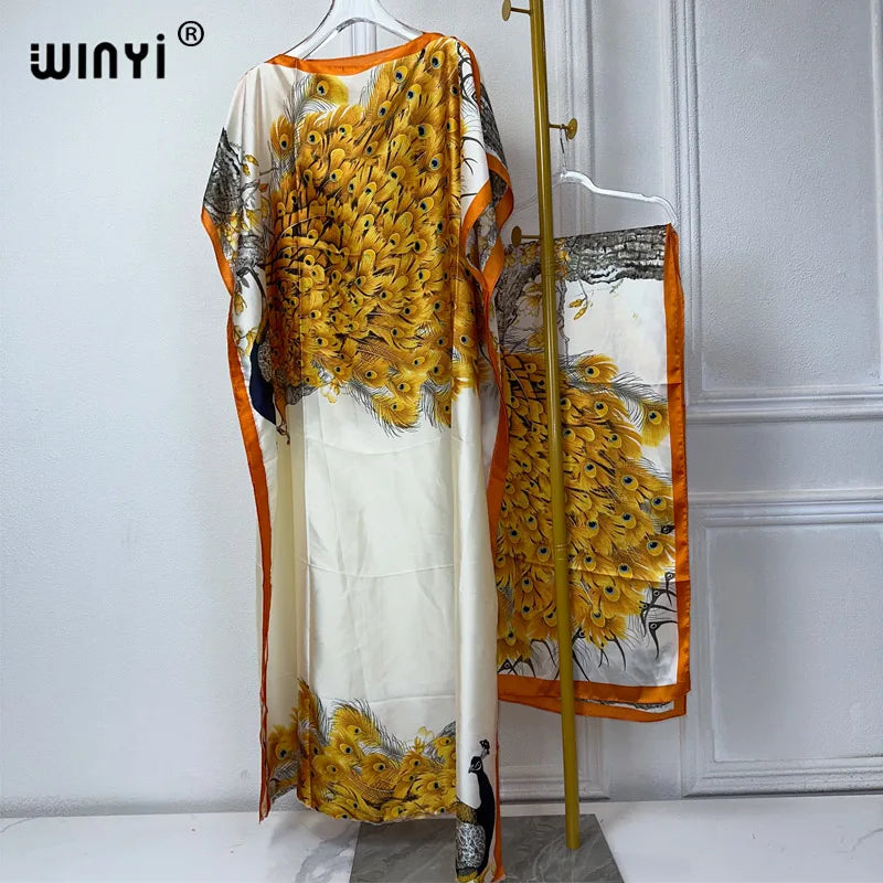 WINYI Africa summer kaftan with belt Women Classic peacock print Caftan Elegant Holiday summer Maxi silk Bohemian party dress - Seprincess