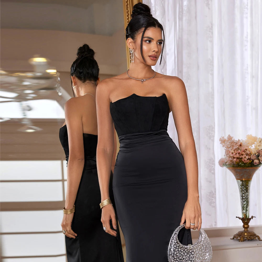 Dropshipping  Black Maxi Wedding Guest Dress Women Strapless Velvet Boning Corset Party Dress Sexy  Long Formal Occasion Dress - Seprincess