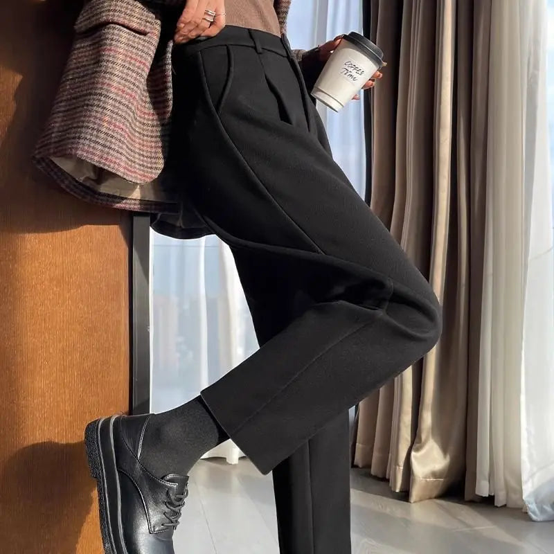 Simplicity Autumn Women Woolen Suit Pants Solid Pockets Button Elastic High Waist Fashion Straight Thicken Ankle Length Trousers