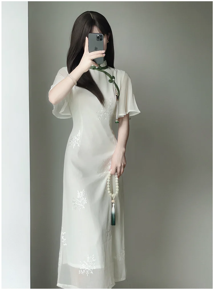 Women White Chiffon Embroidered Inverted Long Sleeve Qipao 2023 Summer New Cheongsam Chinese Style Girl Wen Wan Lady Dress - Seprincess