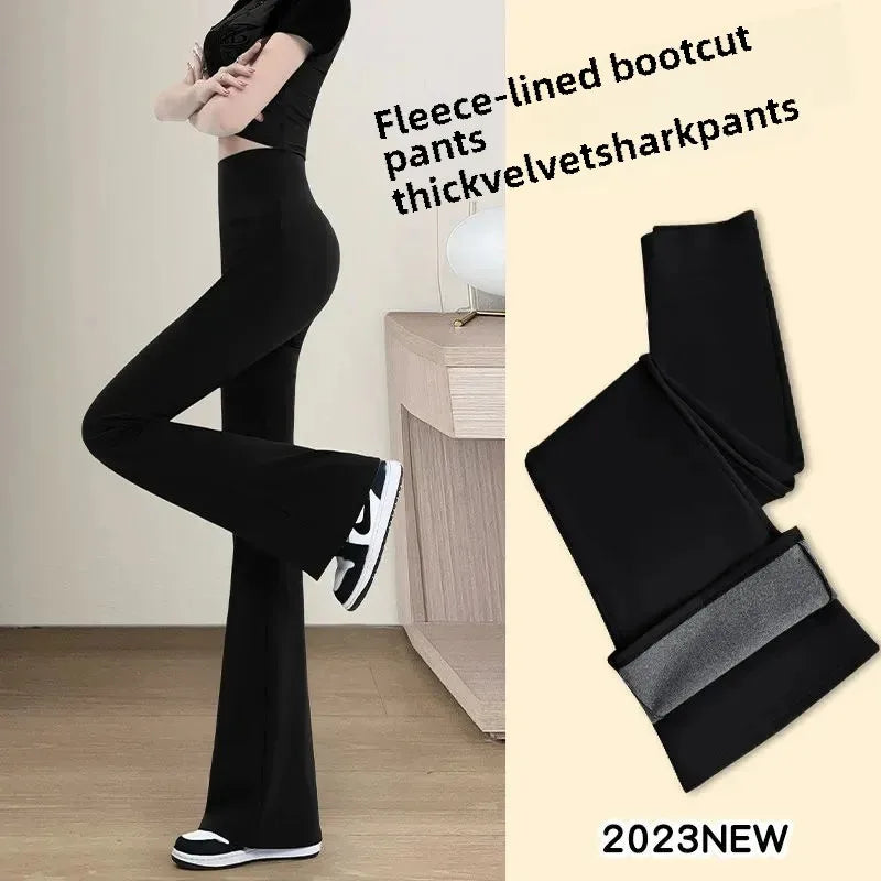 Women's High-Waisted Slimming Plus Size Black Autumn/Winter Fleece-Lined Draped Trousers Front Side Slitbootcut Pants