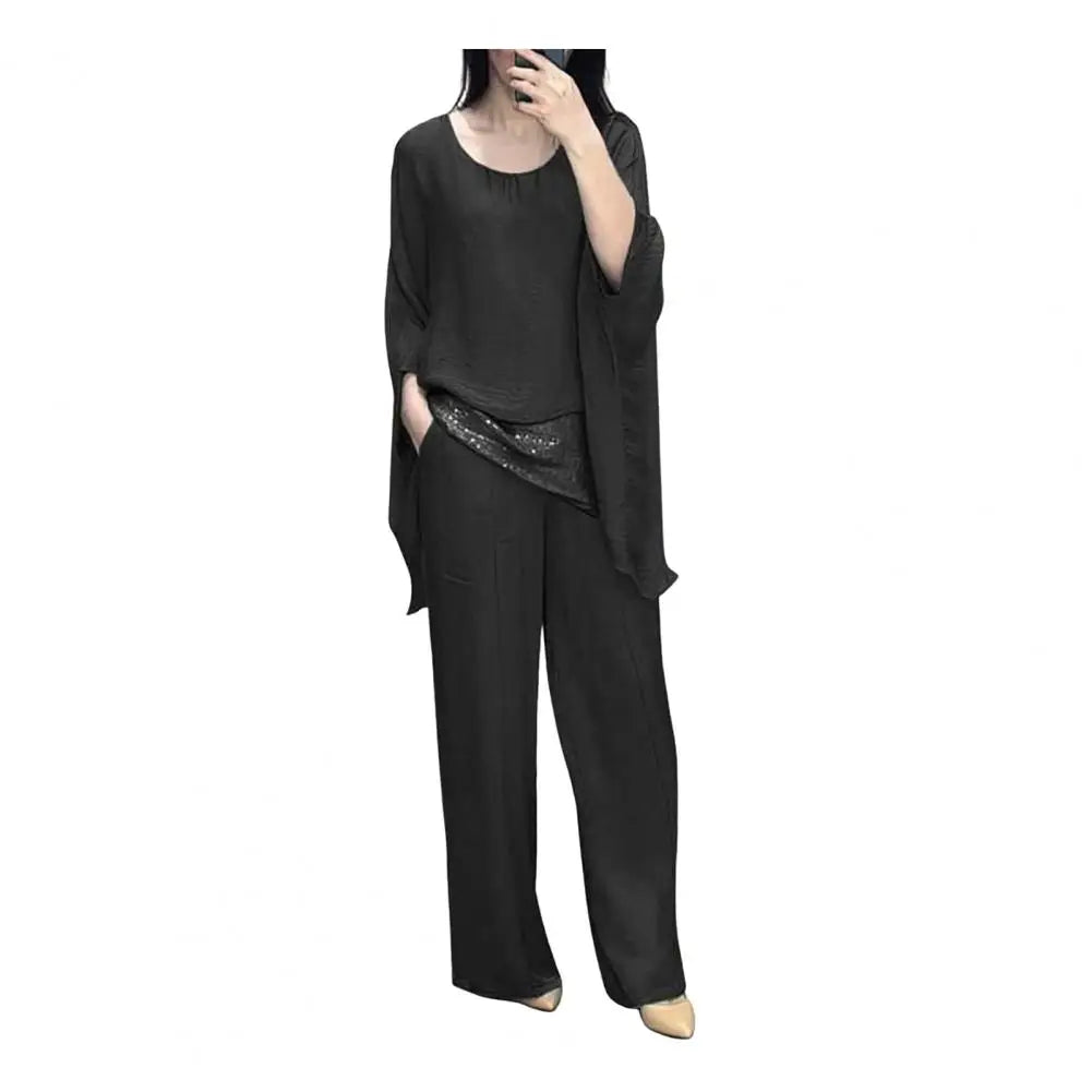 Double-layer Top Suit Stylish Women's Casual Suit with Wide Leg Pants Batwing Sleeve Top for Home Office Party Outfits Stylish - Seprincess