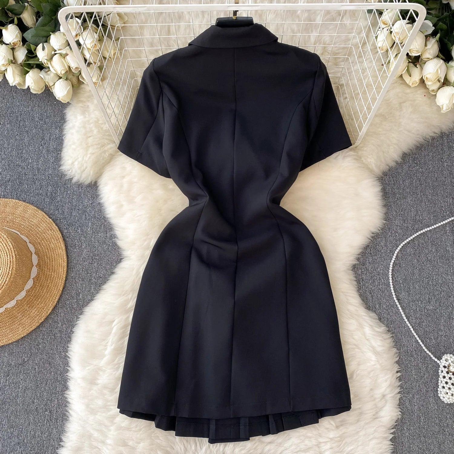 Retro Black Blazer Dress Women Lapel Short Sleeved Short Dresses Summer Casual Short Sleeve Slim Bandage Dress Vestidos - Seprincess