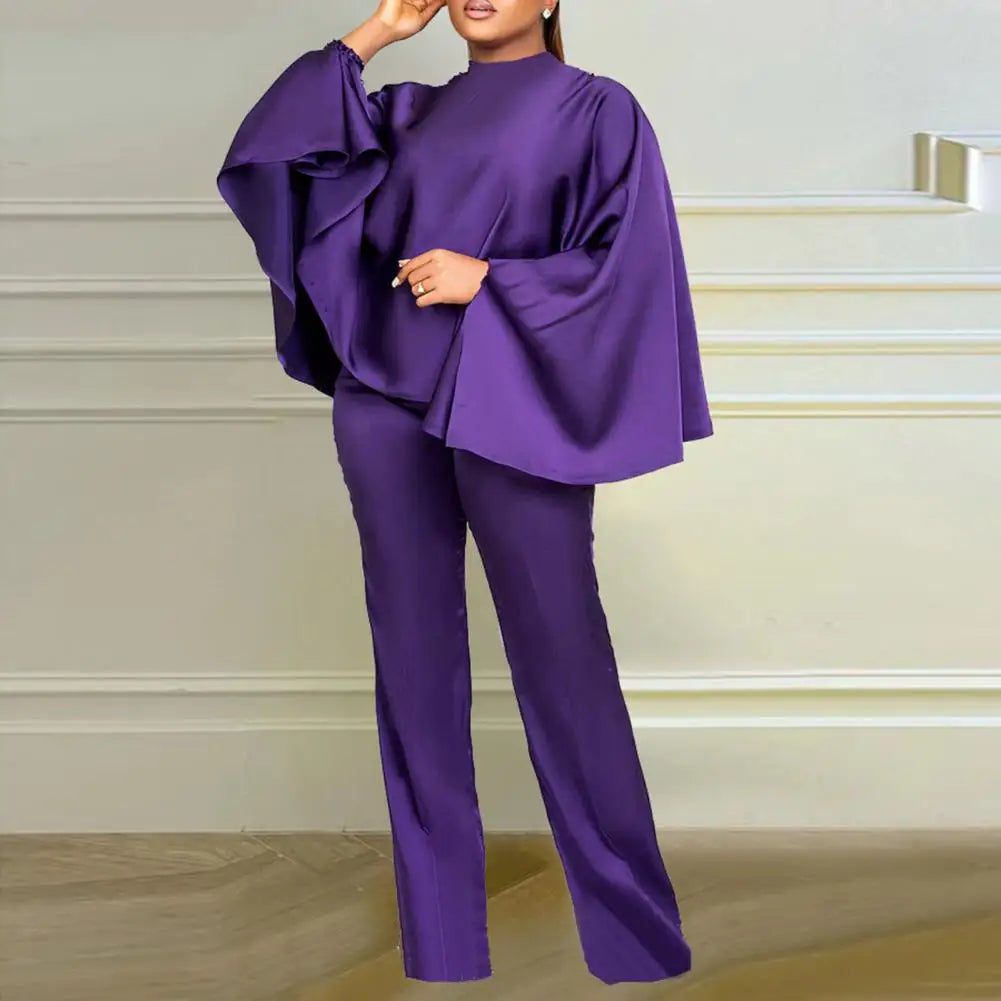 2Pcs/Set Women Faux Satin Outfit O-Neck Long Batwing Sleeve Loose Tops High Waist Long Pants Set Solid Color Elastic Outfit - Seprincess