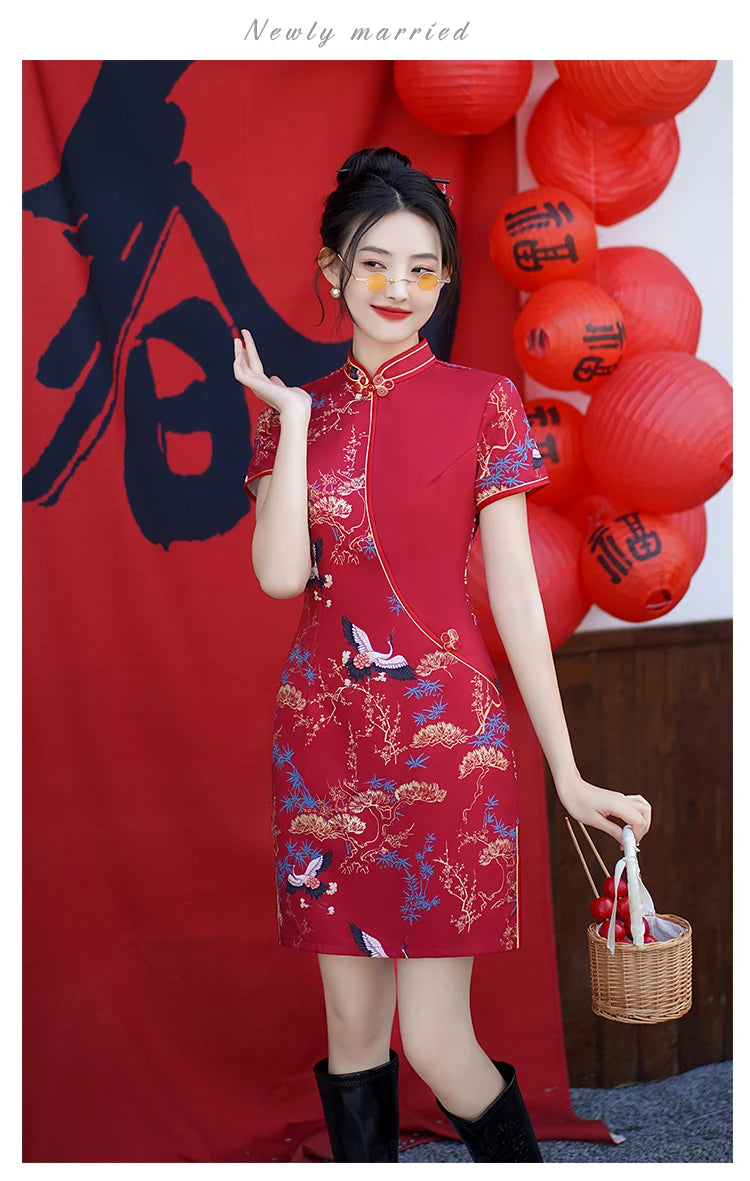 Red Chinese Style Modern Cheongsam Summer New Improved Stitching Short Women's Qipao Dress - Seprincess