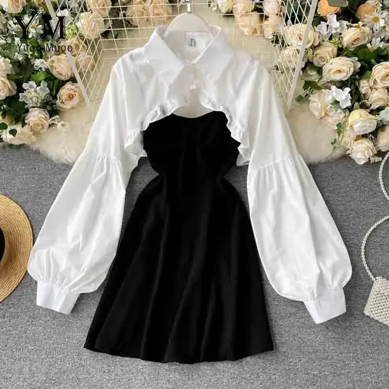 Autumn Women Sexy Black Spaghetti Strap Dress and White Long Sleeve Blouses Crop Tops Korean Fashion Mini Vestidos - Seprincess