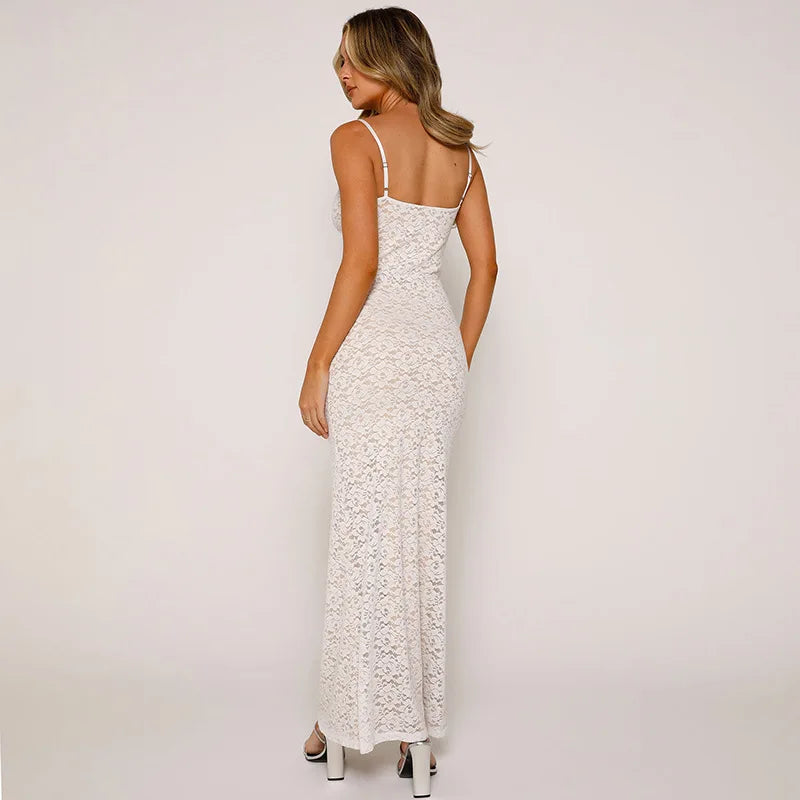 Tossy Lace Hollow Out Backless Maxi Dress Slim V-Neck See-Through High Street Summer Elegant Party Dress Fashion Slim Dress 2023 - Seprincess