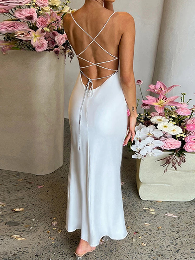 Summer Sexy Backless Dress Women's Solid Color Slim Lace Up Long Dresses Fashion Elegant Formal Dress Split Party Camisole Dress - Seprincess