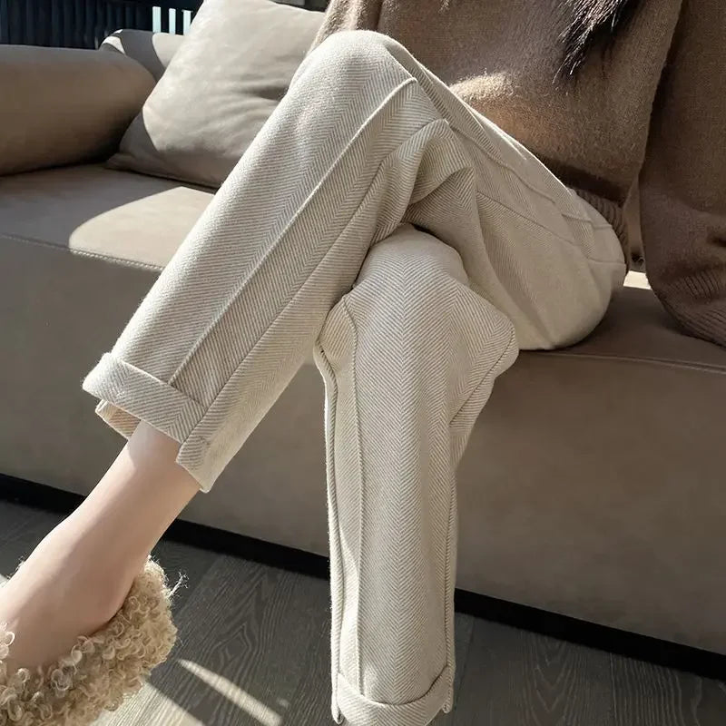 Winter Woolen Pants for Women Thicken Warm Ankle-Length Harem Pants Office Lady Khaki Elastic Waist Fashion Women's Trousers