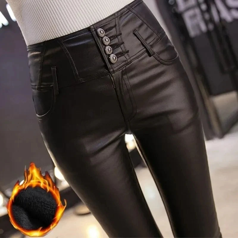 Autumn Winter New High Waist Stretch Leather Leggings Thick Female Faux PU Leather Pants Sexy Push Up Slim Tights Fleece Trouser