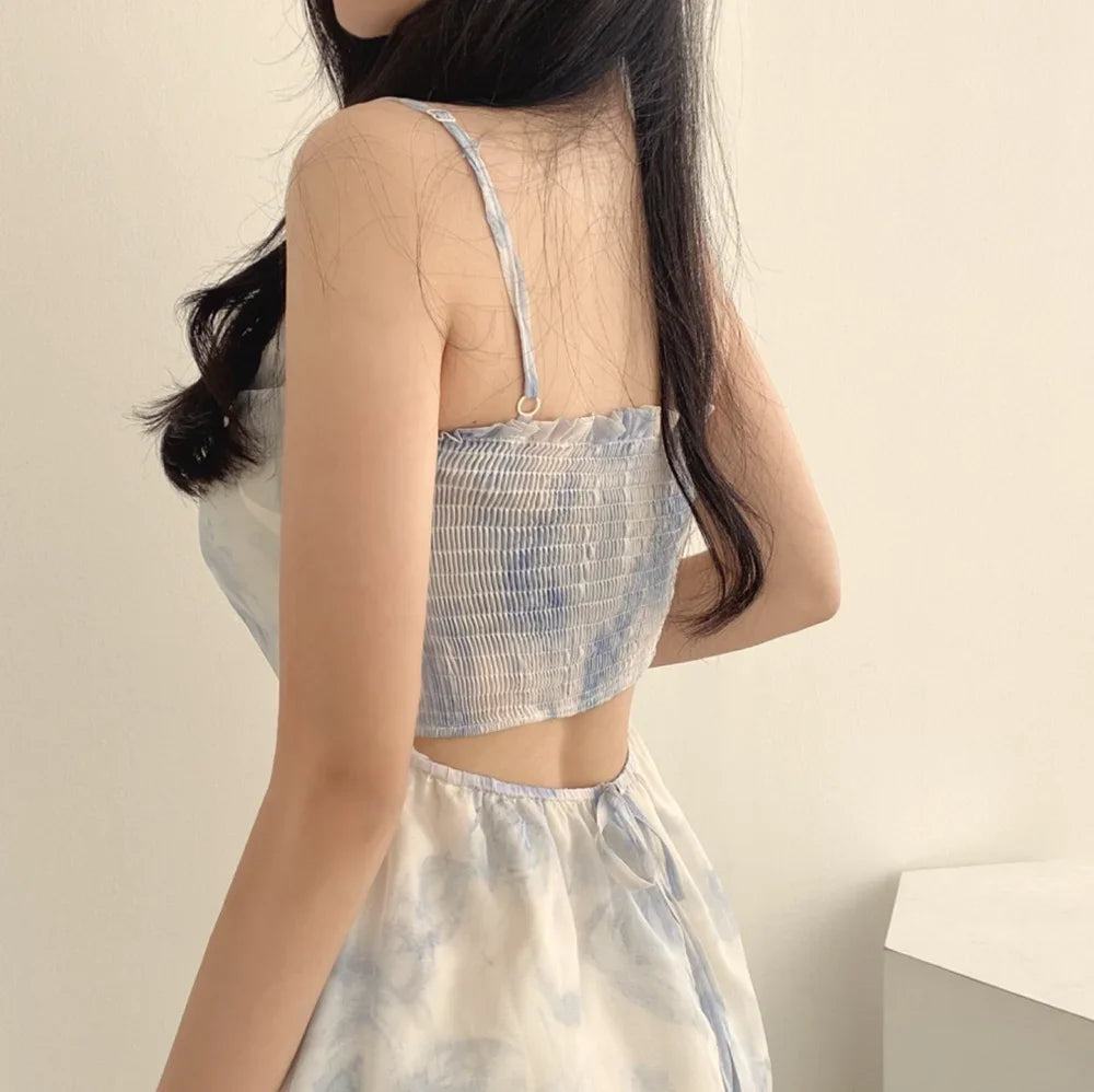 Fashionable Chiffon Suspender Summer Dress Korean Chic Temperament Fresh Ink Painting Print Hollowed Out Backless Dress - Seprincess