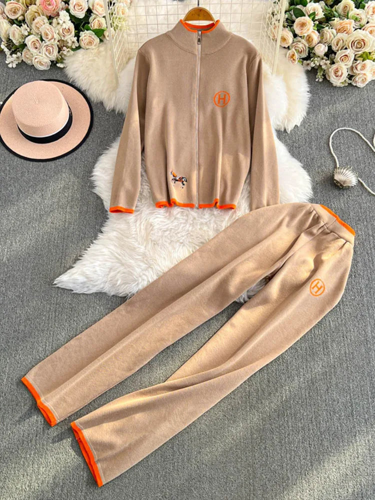 Women's Long Sleeved Knitted Sweater High Waist Slim Straight Leg Pants Two-piece Set Y2k Korean Autumn - Seprincess