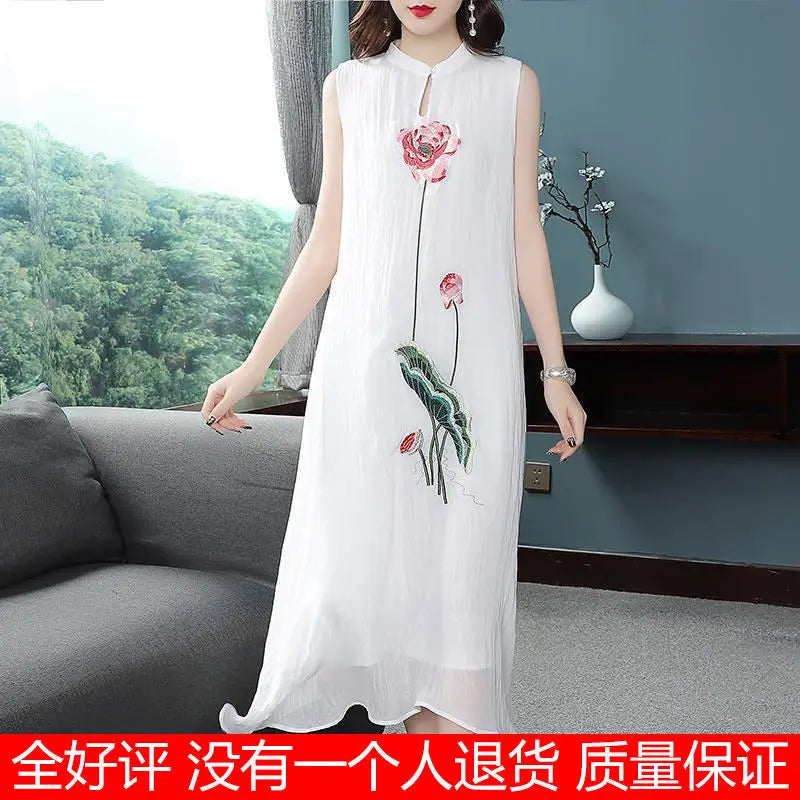 1pcs/lot chinese style woman Embroidered Cheongsam Sleeveless Vest Chiffon Dress Woman Dress print dress - Seprincess