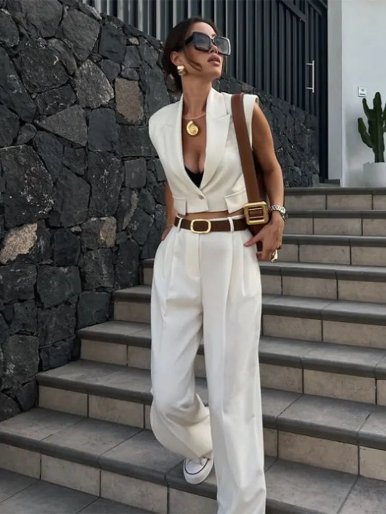 TRAF 2024 Elegant Sleeveless Women Blazer Vest Suits V Neck Office Tanks Female Crop Top Wide Pants Sets Y2K OL - Seprincess