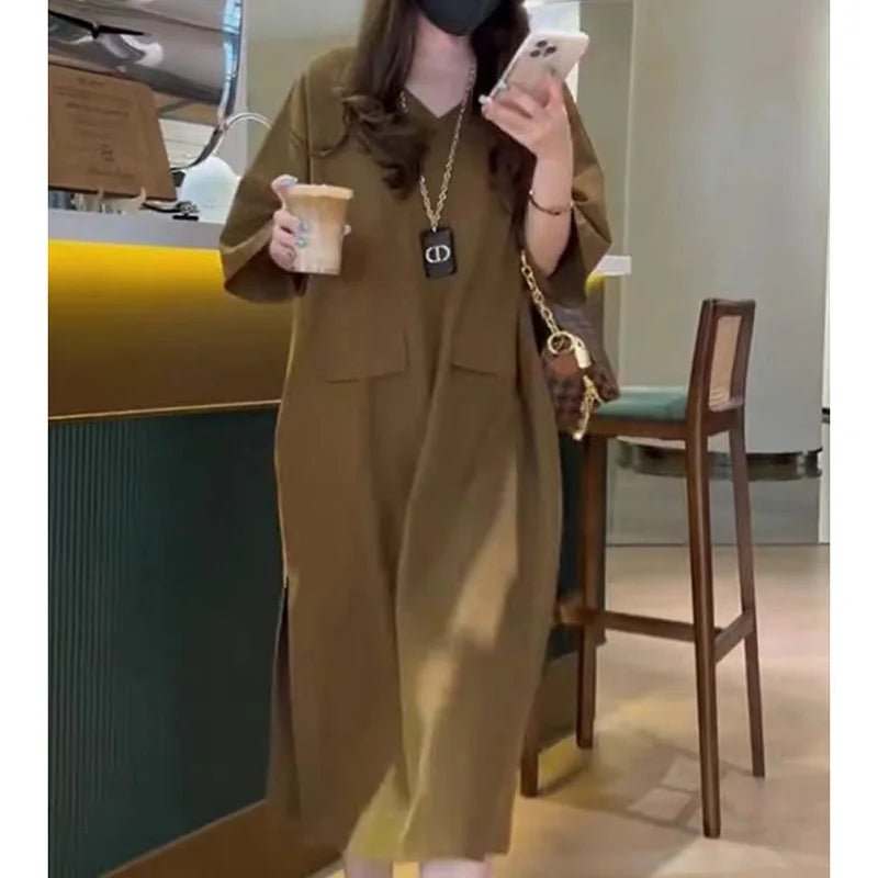 Fashion V-Neck Solid Color Spliced Pockets Loose Korean Long Dress Women's Clothing 2023 Summer New Oversized Casual Dresses - Seprincess