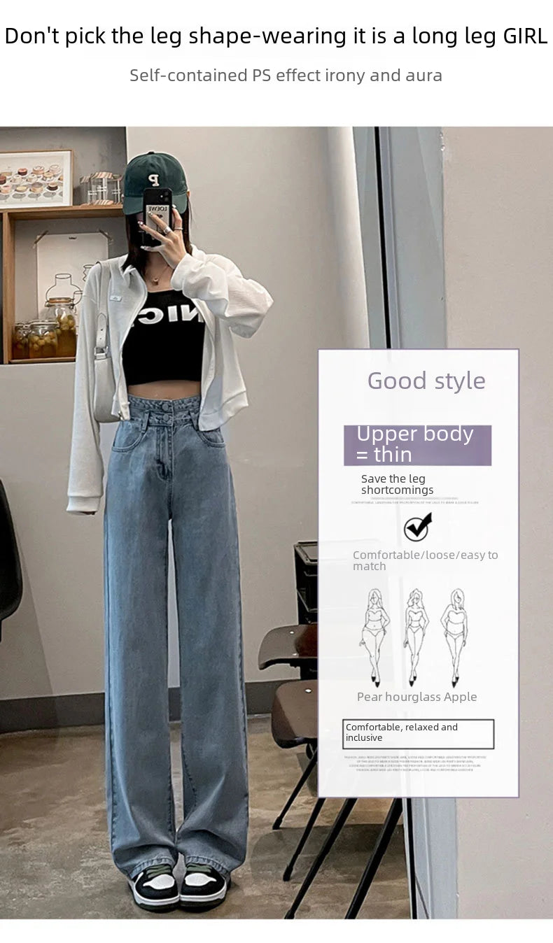 Niche High-waist Double-button Slimming Women's Jeans Charcoal Grey Loose-fit Versatile Petite Length Denim Trousers