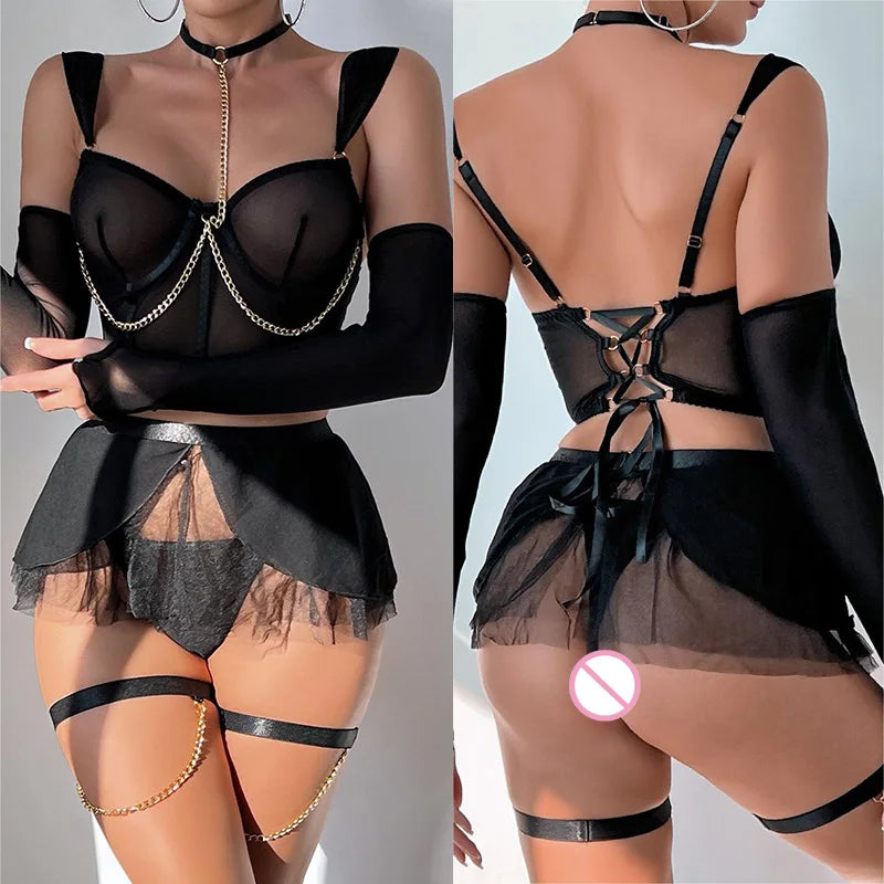 Bra Set Tight mesh chain restraint sexy set lingerie women fancy underwear sexy. items sexy - Seprincess