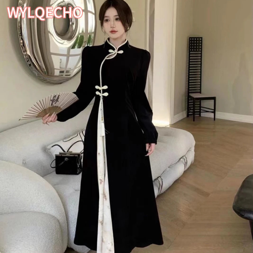 Modern Qipao Improved Cheongsam Chinese Dress Traditional Women's Clothing Autumn Winter Dark Patterned Jacquard Long Sleeve - Seprincess