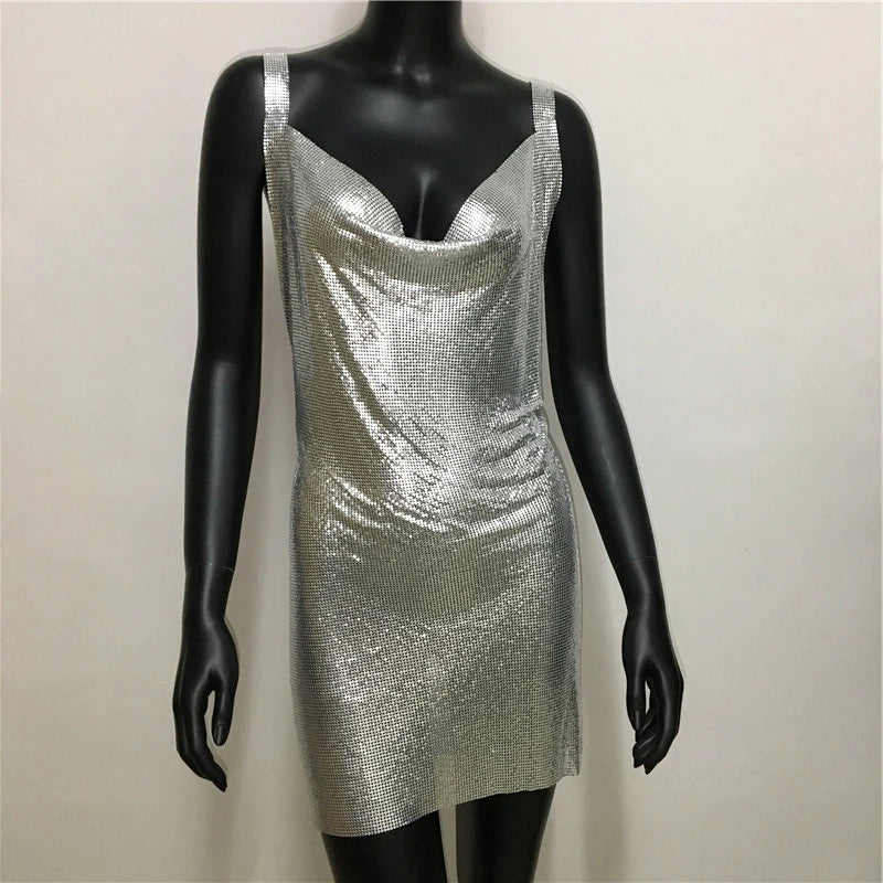 Sexy Metallic Sequin Mini Dress For Women Backless Cocktail Club Glitter Low Cut Halter Dress Rave Party Nightclub Dresses - Seprincess