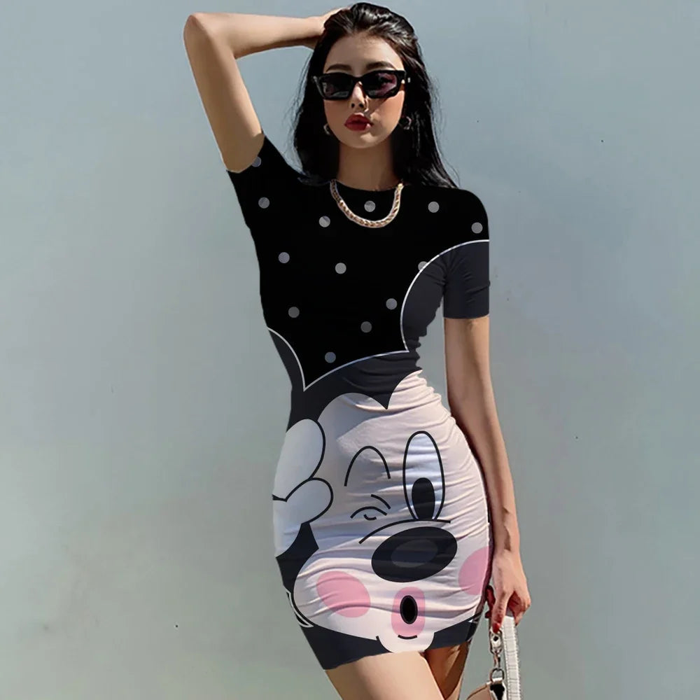 Disney Minnie Mickey Mouse bow print Elegant Pencil Dress Womens Simple Sheath Office Dresses Summer Short sleeve Casual Vestido - Seprincess