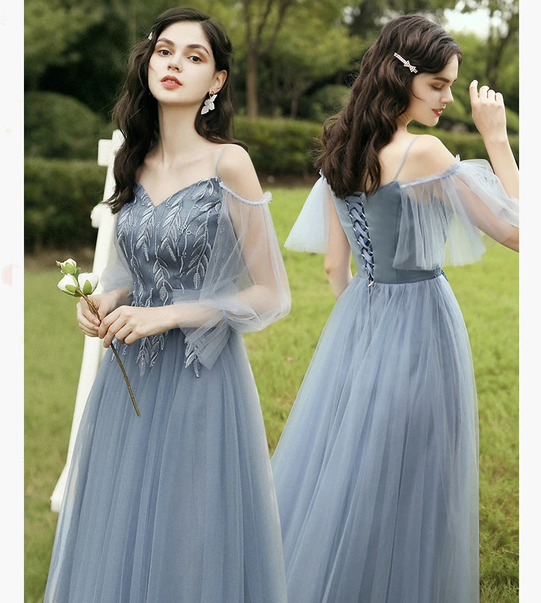 6 Styles Blue Long Bridesmaid Dresses Navy Coffee Prom Tulle Applique Lace Floor Length Gown Women Wedding Graduation Vestidos - Seprincess