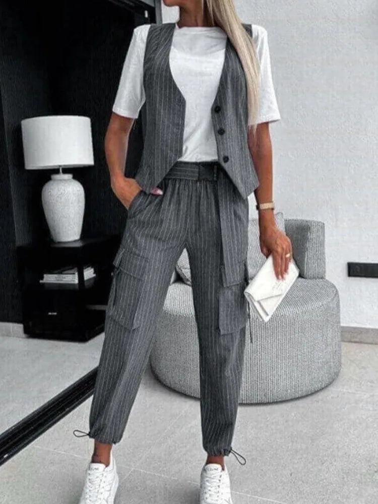 White Striped Vest Suit For Women Summer Casual V-neck Button Top Pocket Loose Pants Outfits Two-piece Suit For Women Elegant - Seprincess