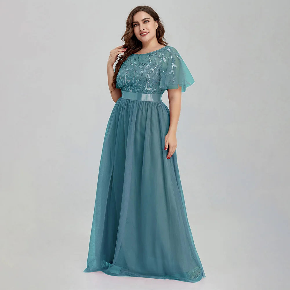 Women's Plus Size Mesh A-Line Sequin Embroidery Evening Dress Leaf  Maxi Prom Dress With Sleeves For Wedding Dress 2022