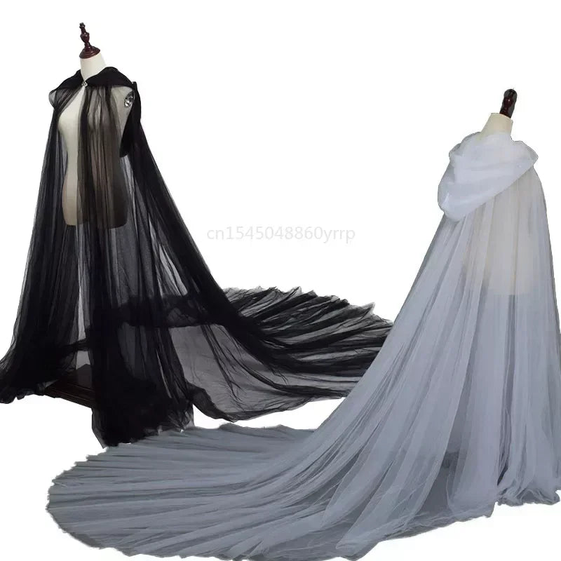 Women Medieval Fairy Shawl Cape Chiffon Gothic Wicca Robe Black White Cosplay Victorian Dress Cloak Halloween Costume for Women - Seprincess