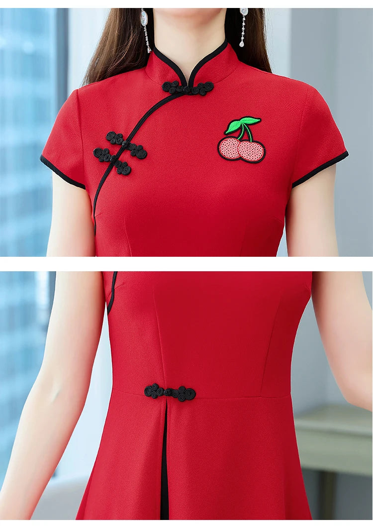 Chinese Style Summer Improved Cheongsam Slim Midi Short Sleeve Modern Qipao Dress Women Clothing CNY - Seprincess