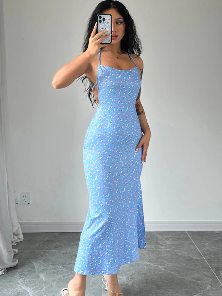 Dulzura Lace Up Halter Floral Long Dress For Women Backless Bodycon Midi Dress Sexy Party Club Outfit Streetwear Sundress Summer